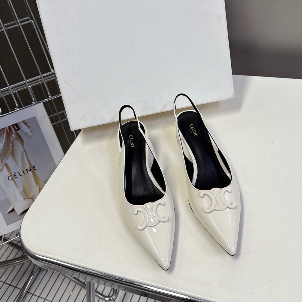 Celine White Thin Heel Sandals with Square Toe & Glossy Finish 👡💫
